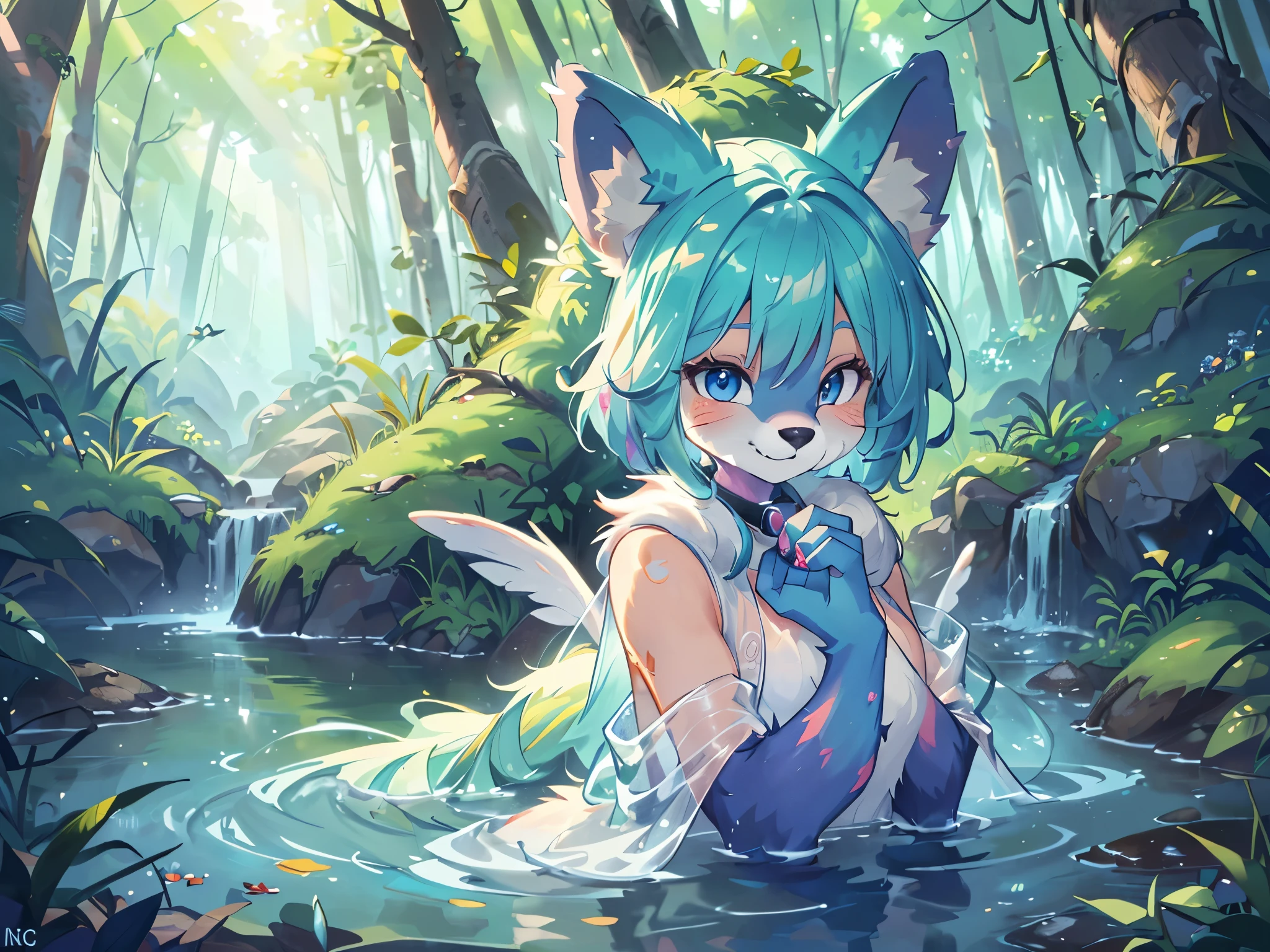 HDR, Excellent quality, 1. Slug Girl, white transparent body, transparent skin, translucent body, detailed slime body, (lying down:1.4) on the stomach, legs bent at the knees, petite curvy ,one eye covered, Fox ears, Foxtail, short tail, One Tail, with a beautiful face, ssmile, woods