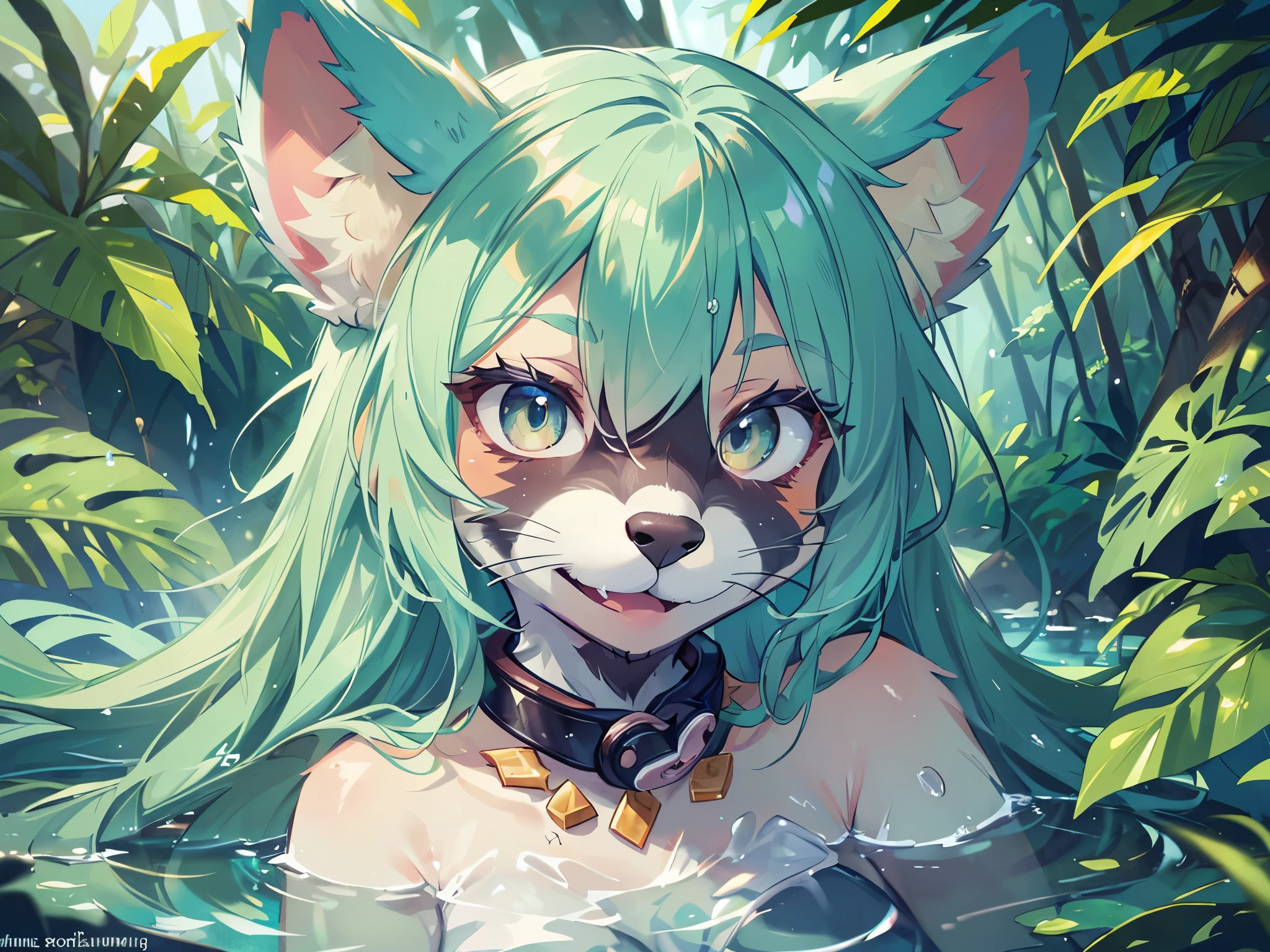 furry female, anthropomorphic, trending on artstation, uploaded on e621, detailed portrait of female anthropomorphic, extremely detailed, well furry, full body, detailed eyes, (shading), (good lighting) , (filmlight)  ), (masterpiece, high resolution, raw photography, high resolution, high detail, best quality) , high contrast, (high contrast: 1.3), leopard ears, leopard tail,  Slim, beautiful, silver hair, asymmetrical bangs, teenager, 19 years old. Royal_blue_hair, part_smooth, fluorescent_eyes, naked, jungle, quicksand, wet.  drenched in mud, bathed in mud, muddy body, happy