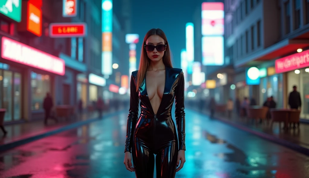 Beautiful sexy woman in plastic transparent jacket in neon lit cityscape.