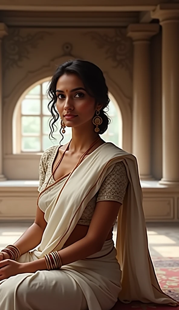 "An image unfolds in front of your eyes, capturing the essence of timeless grace and spirituality. In the heart of India, a woman in her forties stands before you, a symbol of the country's rich cultural heritage. Her appearance is a testament to the enduring beauty of Indian traditions. Her hair, a deep, lustrous black, cascades down her back in voluminous, elegant curls. The tendrils frame her face, accentuating her warm, expressive eyes. Her face carries the wisdom of her years, etched with the lines of a life well-lived. Her skin is a rich, warm tone, evoking the sun-kissed hues of her homeland. The woman is draped in the finest of traditional Indian attire. A saree, the epitome of grace and femininity, drapes her form. Its fabric is a rich, vibrant color, perhaps a deep crimson or a royal blue, adorned with intricate patterns and embellishments. The saree flows elegantly from her shoulders, caressing the ground as she stands. Her blouse, a perfect complement to the saree, is intricately designed with delicate embroidery and beadwork. The traditional attire is not just clothing; it is an embodiment of India's cultural heritage and a reflection of her own inner strength and beauty. Her hands are brought together in front of her chest in a gesture of prayer, the palms gently pressed against each other. This 'Namaste' gesture is not just a greeting; it is a profound acknowledgment of the divine within oneself and in others. Her fingers, adorned with intricate henna designs, touch with reverence. In the backdrop, the Taj Mahal, one of the most iconic monuments in the world, stands as a testament to eternal love. Its pristine white marble glistens in the soft, golden light of the setting sun. The intricate details of its architecture are a marvel to behold, with delicate minarets and ornate domes. The Taj Mahal appears almost ethereal, its grandeur a perfect complement to the woman's elegance.