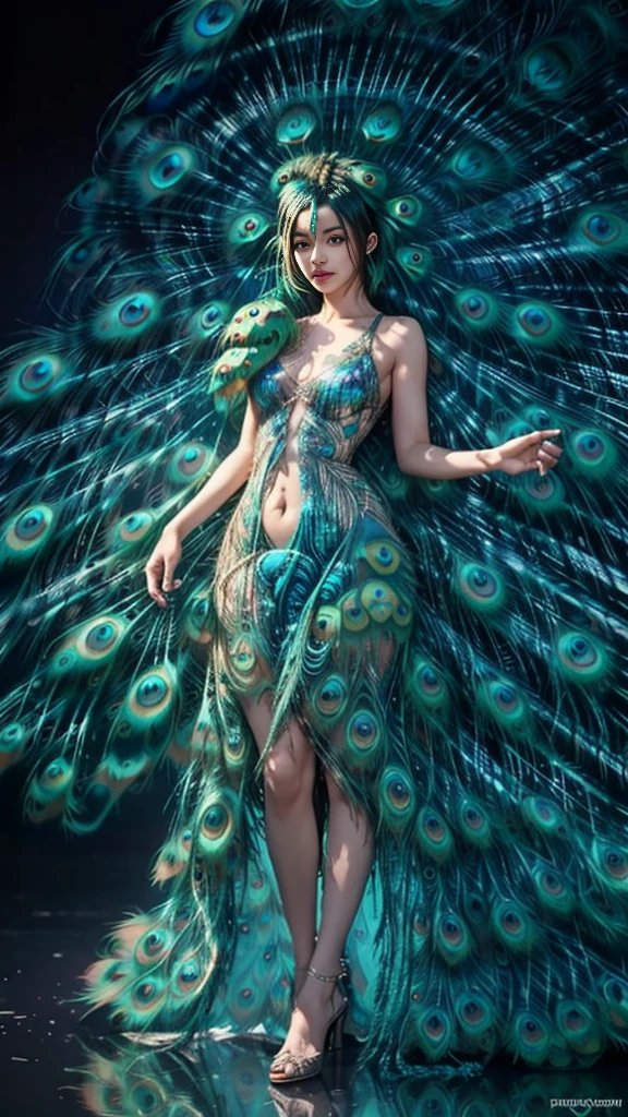peacock rainbow tail,  (lots of peacock tails), large peacock pattern, gold and blue peacock tail, Brighter, giga_busty