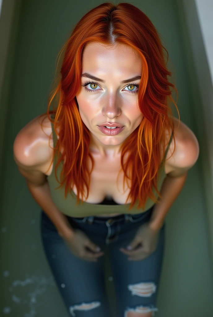 redhead woman, wet clothes, bathing, tight wet jeans, black ankle boots, wet hair, wide eyes, faded green top, soaked, dripping water from above, ((looking at viewer)), submerged in water