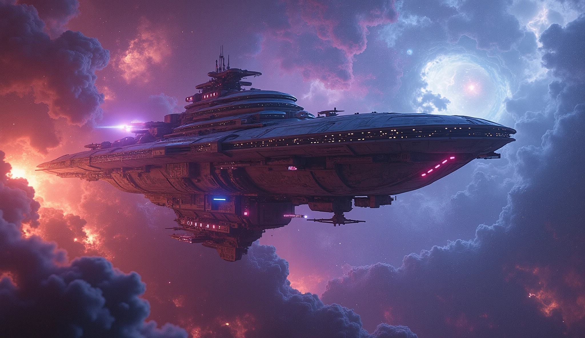 Spaceship flying in the sky with a bright red light - SeaArt AI