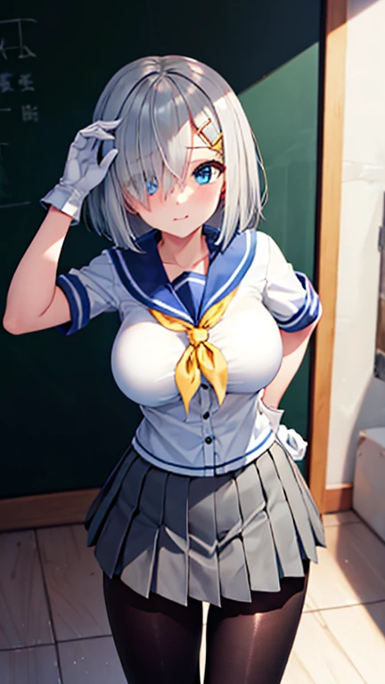 8k high resolution ( super detailed), masterpiece, ( best quality)　  anime illustration　  looking at the blackboard ,   detailed face 　  detailed hands 　Thin Hair　  Very elaborate body、  fine skin 　  1 girl　 Fleet _sea breeze　  blue eyes、Grey Hair、Hair above one eye、 short hair　  black pantyhose、Gloves、 grey sailor color 、 gray skirt 、  beckoning hair clip、  pleated skirt 、uniform　  short skirt  、白Gloves、  yellow neckerchief 　Big Breasts　  full body view　  see here  