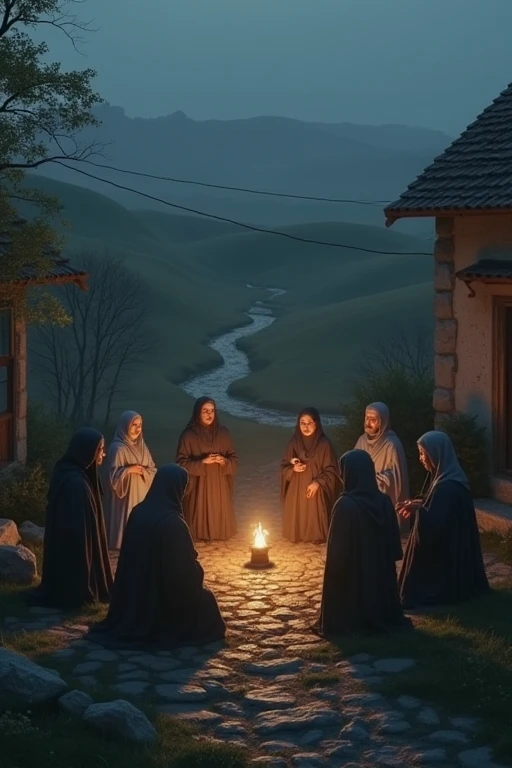 "A secretive meeting known as the second Aqabah agreement, in the quiet outskirts of a village, with several people gathered around, realistic, with a sense of suspense and anticipation."