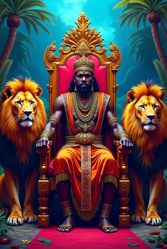 a hyper-realistic image depicting an ancient epic African King in his palace with "one" lion laying by his side. Wearing royal attire. He was surrounded by his warriors and maidens.