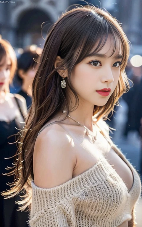 ( best quality , 8k, 32K,  masterpiece, UHD: 1.2),  Ultra High Resolution Face ,  Very High Resolution Eyes ,  Light Brown Eyes , cleavage,(Piazza dei Miracoli ,Crowd),navel, Cute Japanese Women Pictures, big, big, Short bob, Layered hair,  upper body ,  focus face,  oversize _sweater, necklace, simple background, Waist Up Photos ,  Perfect Lighting ,  SLR Photography , Carving, Staring at the audience,