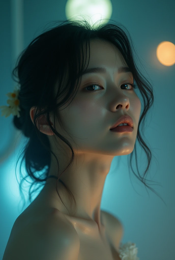 Best quality, masterpiece, ultra high res, (photorealistic:1.5), raw photo, 1girl, in the dark, deep shadow, low key, cold light, sexy look, short hair, swimsuit