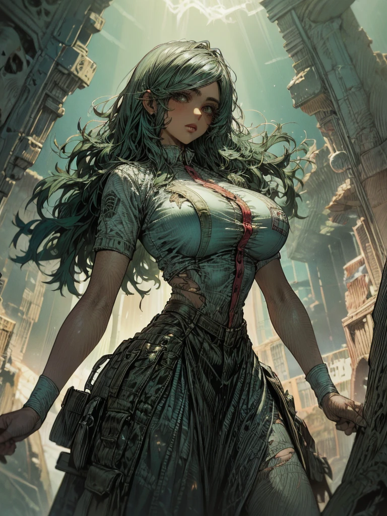  intricate details, Odel Schwanck's masterpiece:1.2,  green hair, skull, torn clothes, under the breast , skirt, fantasia00d,  vibrant colors, Ethereal lighting