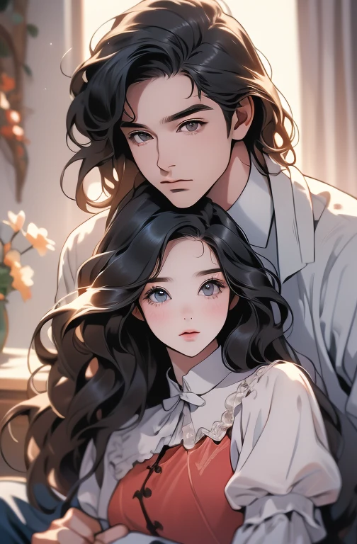 family, royal, elegant, good looking, s, detailed, 4k, mom and dad, detailed eyes, pretty hair, handsome man, gorgeous woman, fine mom, hot dad, hot parents, mom with black hair, mom pregnant, man looking at woman with love, man hugging woman