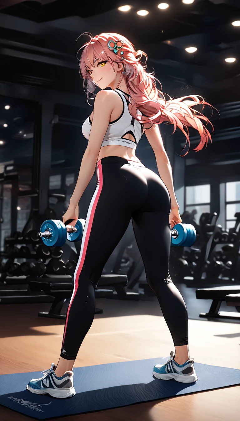 a woman in gym clothes,tank top,leggings,athletic,fit, dynamic pose,fitness center,dumbbells,yoga mat,warm lighting,4k,detailed,cinematic, back view, looking at viewer, mature female, whole body, cleavage, focus,physically-based rendering,extreme detail description,professional,vivid colors,bokeh,portrait, full body shot, dynamic angle, cityscape, changli-wuwa,pink hair, white hair, multicolored hair, hair ornament,yellow eyes,long hair, whole body, smiling, unaestheticXL_bp5, (negative_v2 Color_Balance_Calibration:0.8), SimplePositiveXLv2