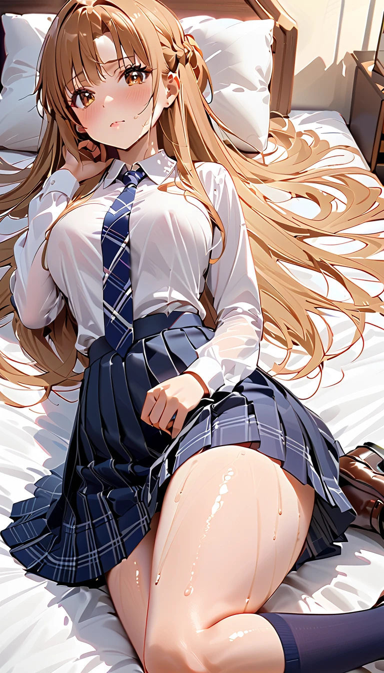 masutepiece, Best Quality,Detailed Focus:1.3,((1 high school girl in uniform))、 Dark blue blazer,Grey Tartan Plaid Pleated Skirt,White string panties、Black Socks,In the bedroom in the morning,((Lying on your back in bed:1.3)),(Spread your legs to the sides:1.3) ,White string panties,Looking at Viewer, Cute, medium breasts, Yellow eyes,    Yellow hair, Long hair, embarrassed,((Panties close-up:1.53)),(Low position shots:1.45)