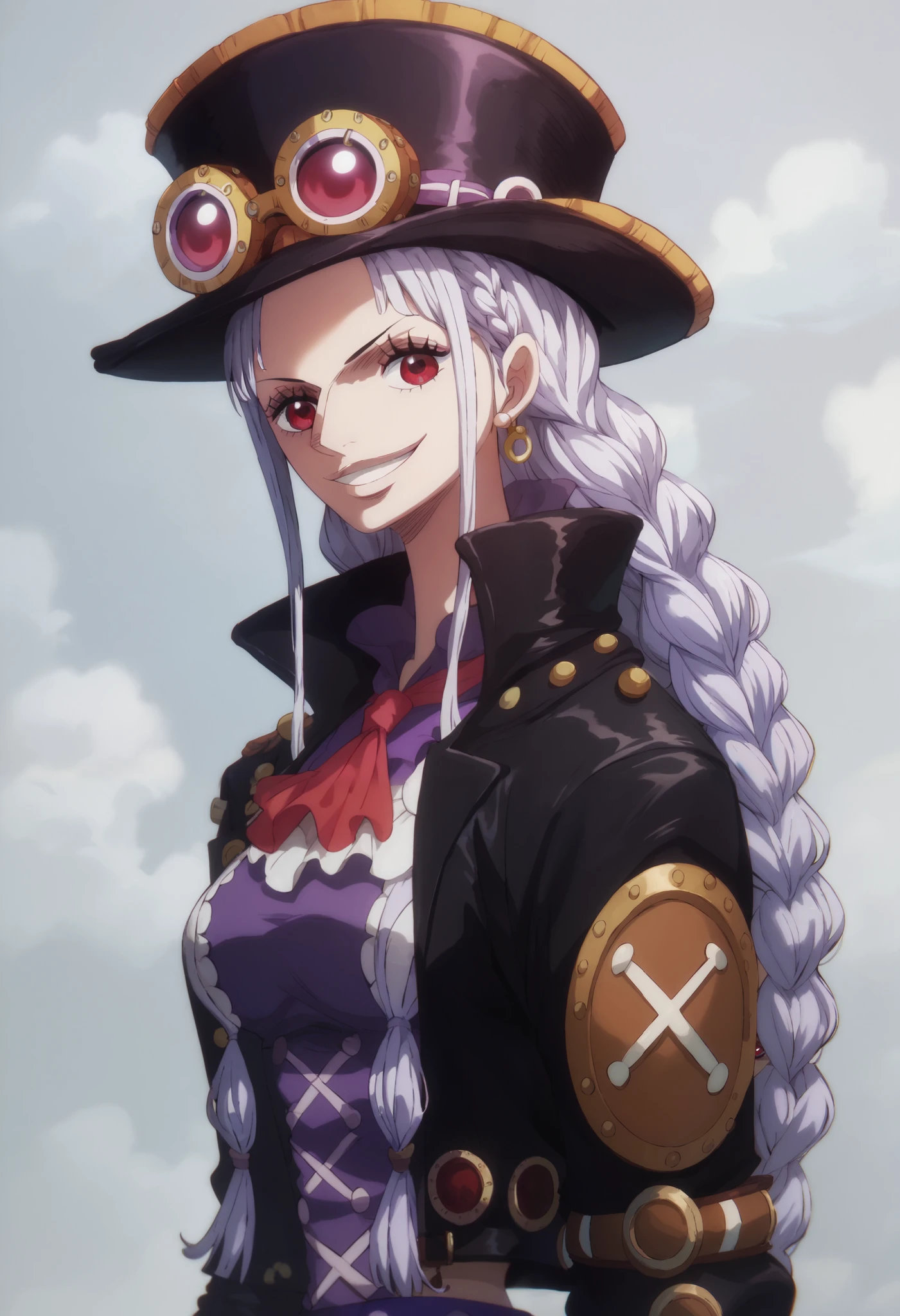 A woman from one piece, long hair, steampunk aesthetic , hat, very dark purple clothes, black jacket , red eyes, silver braids, goth, smile, perfect anatomy 