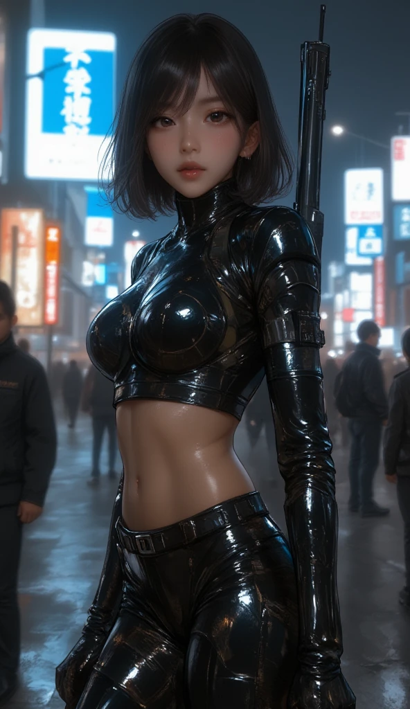 Full body portrait cute of beautiful slender Young Japanese girl, Realistic skin texture, Moderate mole, head tilt, broad smile, one eye closed, open mouth wide, midriff, beautiful sci - fi armored, Tactical Bodysuit, Holding a gun at a shibuya intersection, oil painting, ink artistic conception, real paint texture, Impressionism Art, hyper-realistic, depth of field, charming, ((fine facial features)), dramatic lighting, Realistic, highly detailed, masterpiece, 8k, Cinematic Composition, dark moody vibe, Dramatic Shadows, Intricate and elaborate pattern, 30 megapixel, chiaroscuro lighting, moody color palette, deep contrast, super real, A fusion of the styles of Katsuya Terada, Range Murata, Akiman and JUNNY