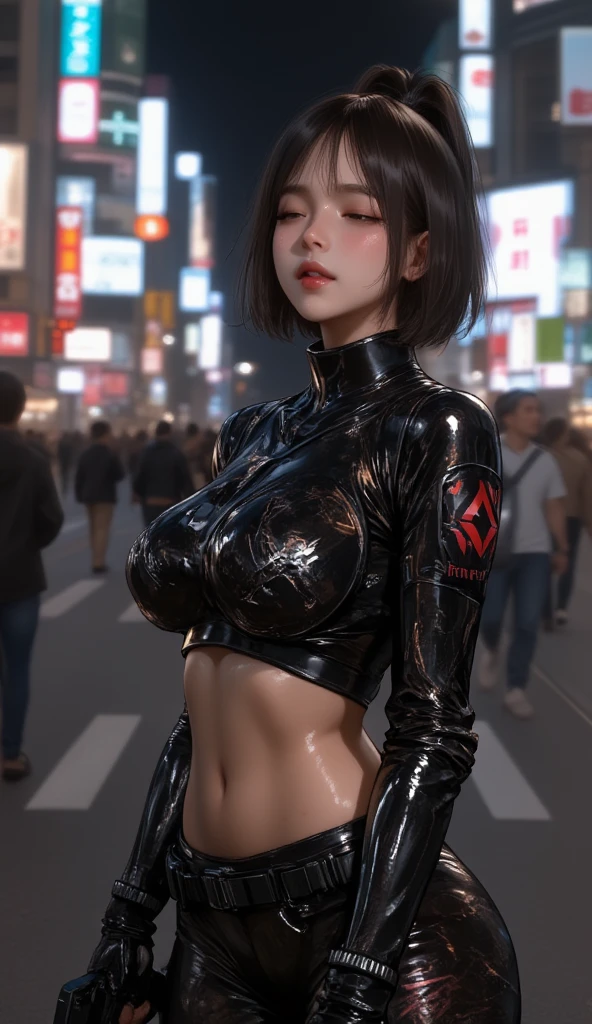 Full body portrait cute of beautiful slender Young Japanese girl, Realistic skin texture, Moderate mole, head tilt, broad smile, one eye closed, open mouth wide, midriff, beautiful sci - fi armored, Tactical Bodysuit, Holding a gun at a shibuya intersection, oil painting, ink artistic conception, real paint texture, Impressionism Art, hyper-realistic, depth of field, charming, ((fine facial features)), dramatic lighting, Realistic, highly detailed, masterpiece, 8k, Cinematic Composition, dark moody vibe, Dramatic Shadows, Intricate and elaborate pattern, 30 megapixel, chiaroscuro lighting, moody color palette, deep contrast, super real, A fusion of the styles of Katsuya Terada, Range Murata, Akiman and JUNNY