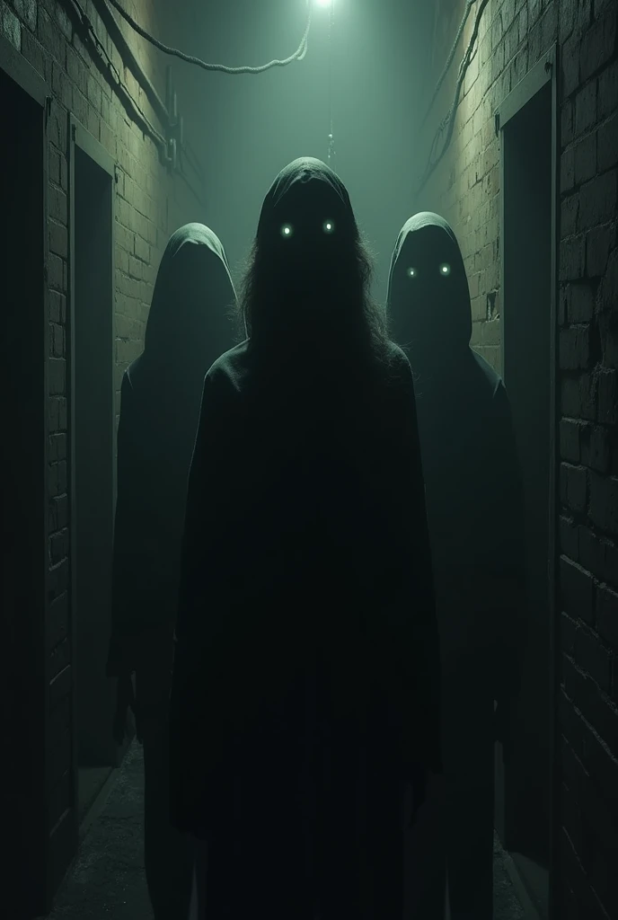 Generate me a cover with a black background with "Humanoid shadow figures without faces around," and in the middle three girls (mysterious atmosphere) 