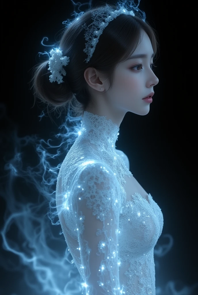 Hyper-detailed digital painting of an East-Asian model, depicted as an incorporeal ghost, surrounded by glowing fog that seamlessly blends into her clothing, making her attire appear as if it is dissolving into ethereal smoke. The model is framed against a black backdrop, with glowing, diffuse lighting illuminating her delicate features. The dynamic portrait captures a hyperrealistic aesthetic, inspired by the artistic styles of Jean Baptiste Monge, Carne Griffiths, Michael Garmash, Seb McKinnon, and Wadim Kashin. The soft bokeh effect enhances the ghostly atmosphere, with intricate details and textures merging the fog and fabric into one flowing, otherworldly form. Rendered in RAW color art with Nikon photography precision, the image features 300mm HD-level detail, emphasizing photorealism and the delicate interplay of light, shadow, and texture. The overall composition exudes haunting beauty and serene mystery, with a focus on surreal fashion elements and atmospheric elegance.