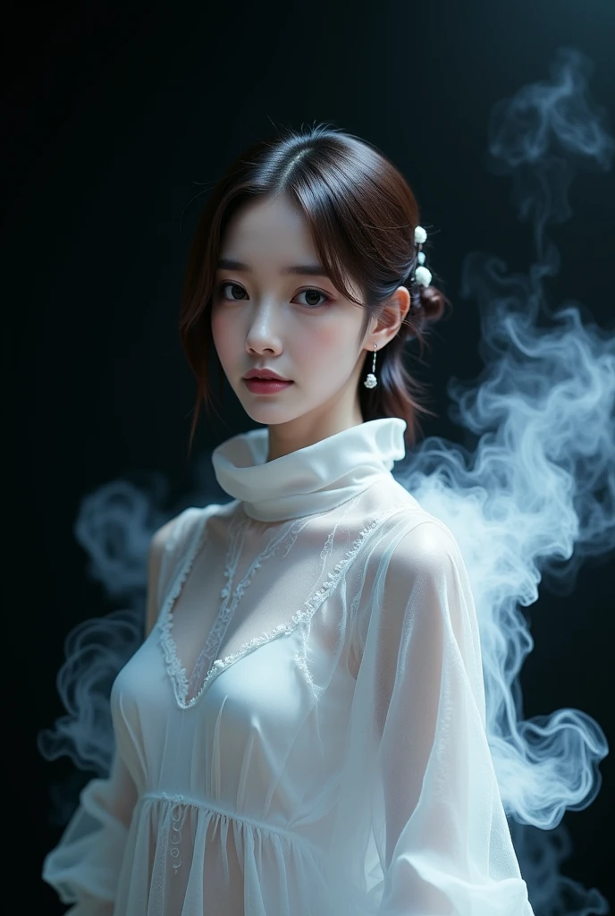 Hyper-detailed digital painting of an East-Asian model, depicted as an incorporeal ghost, surrounded by glowing fog that seamlessly blends into her clothing, making her attire appear as if it is dissolving into ethereal smoke. The model is framed against a black backdrop, with glowing, diffuse lighting illuminating her delicate features. The dynamic portrait captures a hyperrealistic aesthetic, inspired by the artistic styles of Jean Baptiste Monge, Carne Griffiths, Michael Garmash, Seb McKinnon, and Wadim Kashin. The soft bokeh effect enhances the ghostly atmosphere, with intricate details and textures merging the fog and fabric into one flowing, otherworldly form. Rendered in RAW color art with Nikon photography precision, the image features 300mm HD-level detail, emphasizing photorealism and the delicate interplay of light, shadow, and texture. The overall composition exudes haunting beauty and serene mystery, with a focus on surreal fashion elements and atmospheric elegance.