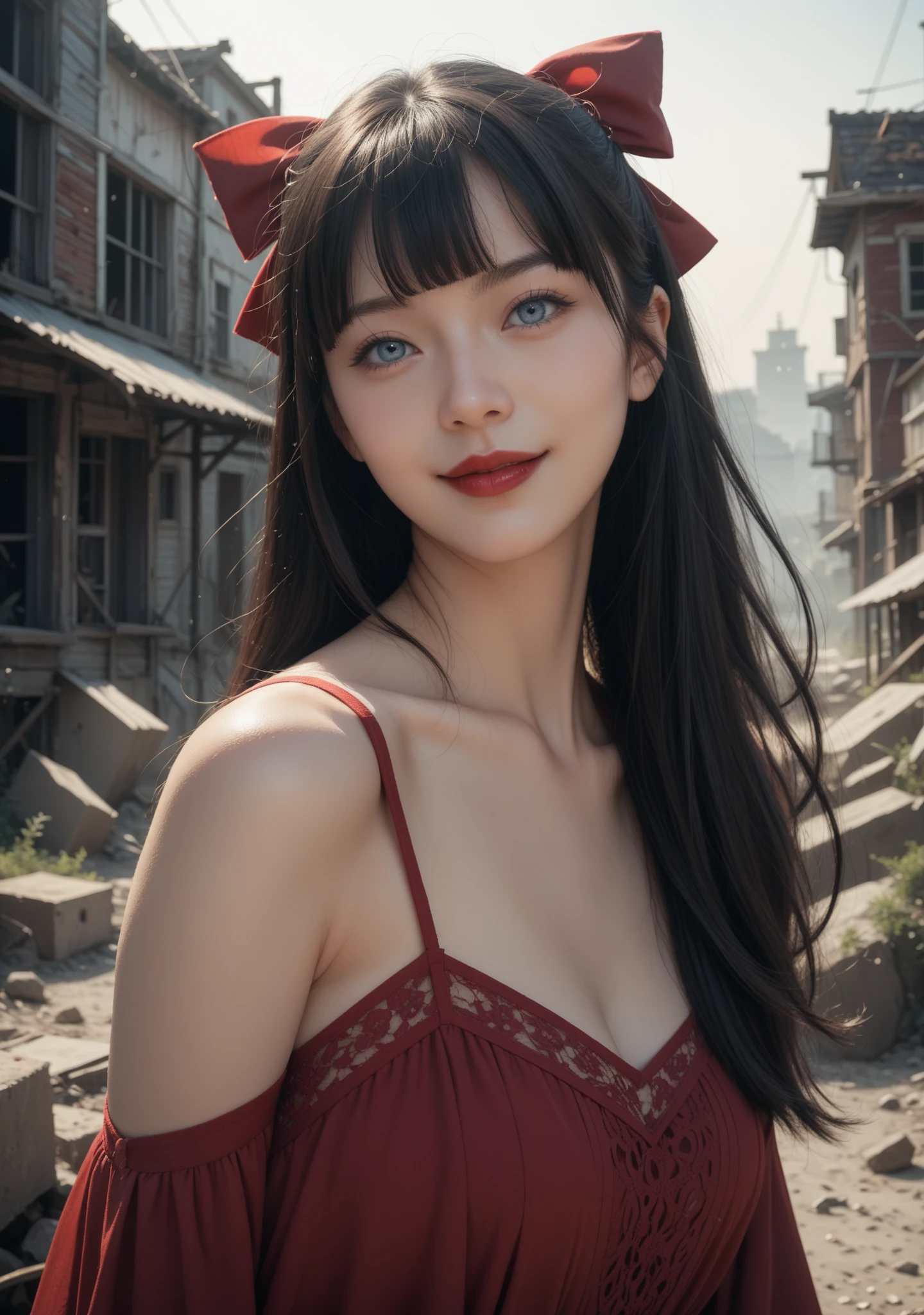 1 , Alone,  high resolution, breasts,  long hair,  black hair, fringe, Hair bow, blue eyes,  with your mouth shut, fringe dividida, smile,  red lips ,  Apocalypse,  outdoor, 