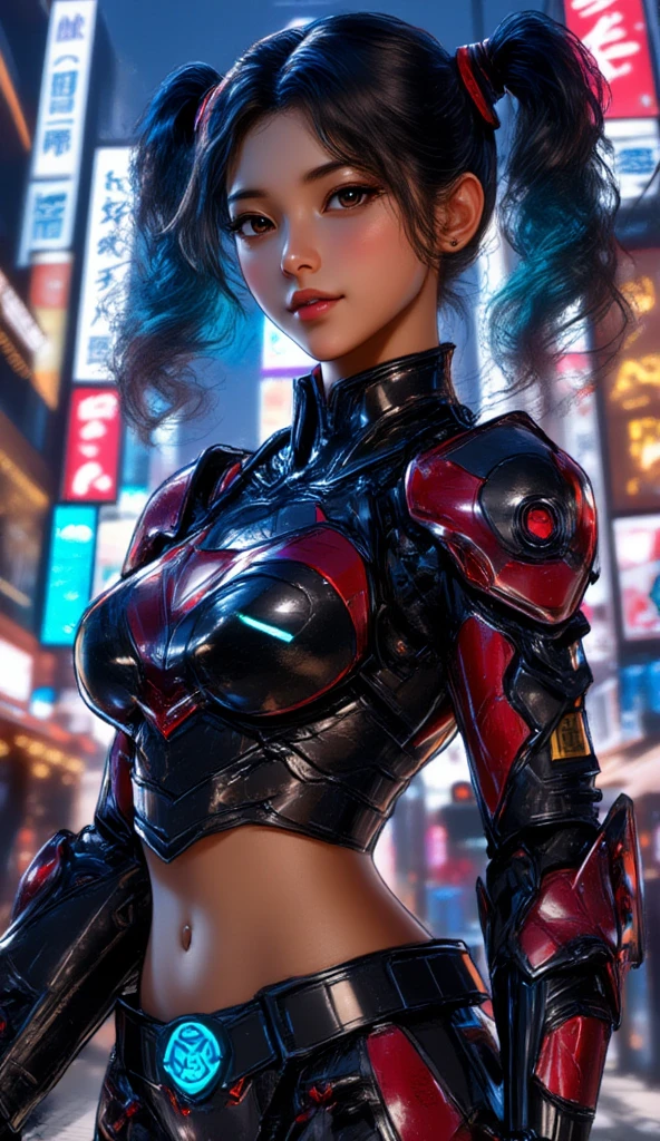 Full body portrait cute of beautiful slender Young Japanese girl, Realistic skin texture, Moderate mole, head tilt, broad smile, one eye closed, open mouth wide, midriff, beautiful sci - fi armored, Tactical Bodysuit, Holding a gun at a shibuya intersection, oil painting, ink artistic conception, real paint texture, Impressionism Art, hyper-realistic, depth of field, charming, ((fine facial features)), dramatic lighting, Realistic, highly detailed, masterpiece, 8k, Cinematic Composition, dark moody vibe, Dramatic Shadows, Intricate and elaborate pattern, 30 megapixel, chiaroscuro lighting, moody color palette, deep contrast, super real, A fusion of the styles of Katsuya Terada, Range Murata, Akiman and JUNNY