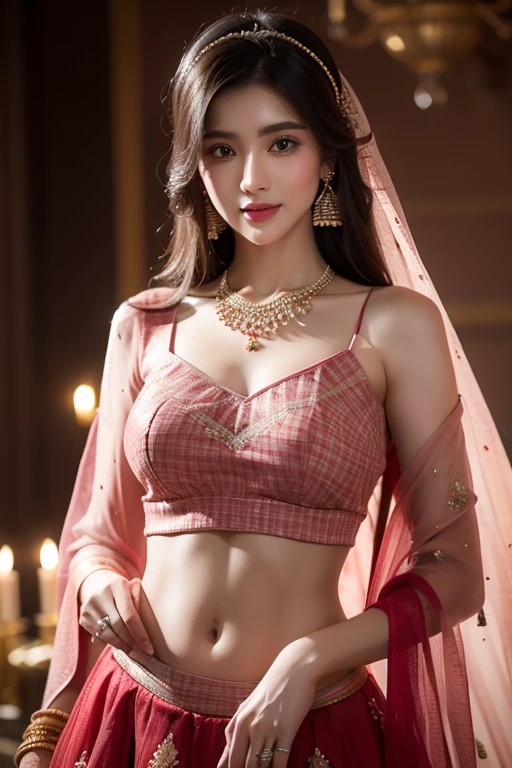 4K, UHD, masterpeice, 1 girl, good face, detailed eyes, detailed lips, very long hair, straight hair, very long hair, beautiful hair, hair ornaments, hairband, gradient hair, ((magenta lehenga)), ((bridal lehenga)), ((decorated blouse)), sardine, ((ornament lehenga)), ((magenta lace)), ((diamond bracelet)), ((pendant)), Pearl, ornaments, necklace, earring, high lighting, ((bare stomach)), ((in the wedding stage)), magenta color, depth of field, ray tracing, ultra realistic detailed, sitting,