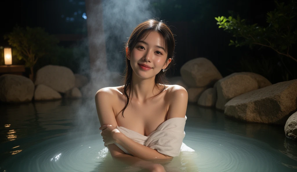 (night:1.8), oriental architecture, 1 woman, ((hot spring, onsen:1.4)), moist skin, ((fog:2.1)), (steam rising:1.8), glowing skin, glossy skin, ((partially submerged in hot spring:1.4)), Holding a wet white towel close to the body, but some cleavage is visible. ((Wet towel:1.3) , perfect eyes,perfect face,（smile：0.4），official artwork，Very detailed CG Unity 8k wallpaper、bright_front_face_lighting，（tmasterpiece:1.0），(best_quality :1.0),ultra high resolution,4k,detailed detail,high resolution of,8k,nffsw,high resolution,absurderes:1.2,kodak portra 400,film grain,lens flare glow,（beautiful_face:1.4），8k,raw footage,(outdoor bath drawn wider:1.4) ,(wet hair:1.3),((beautifully depicts depth and width:1.3)),((The outdoor bath is surrounded by a Japanese garden and large rocks, with only two small lights.:1.3)), ((smooth white skin: 1.3)),