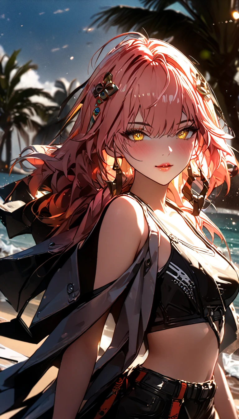 a woman in a colorful swimsuit and cover-up, walking on a sandy beach, palm trees in the background, ocean waves crashing, warm sunlight, beautiful detailed eyes, beautiful detailed lips, extremely detailed face, long eyelashes, (best quality, 4k, 8k, highres, masterpiece:1.2), ultra-detailed, HDR, UHD, studio lighting, ultra-fine painting, sharp focus, extreme detail description, professional, vivid colors, bokeh, photography, warm color tones, natural sunlight,changli-wuwa,pink hair, white hair, multicolored hair, hair ornament,yellow eyes,long hair, whole body, unaestheticXL_bp5, (negative_v2 Color_Balance_Calibration:0.8), SimplePositiveXLv2
