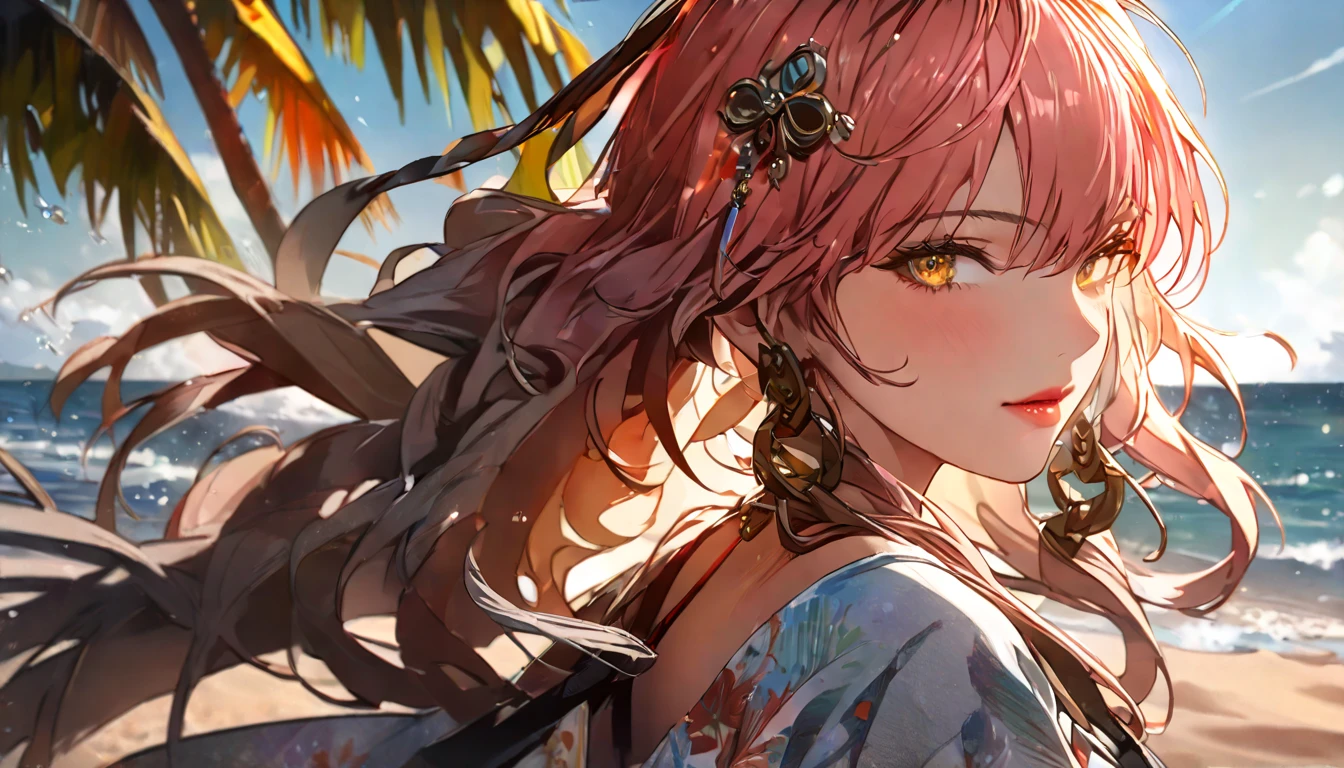 a woman in a colorful swimsuit and cover-up, walking on a sandy beach, palm trees in the background, ocean waves crashing, warm sunlight, beautiful detailed eyes, beautiful detailed lips, extremely detailed face, long eyelashes, (best quality, 4k, 8k, highres, masterpiece:1.2), ultra-detailed, HDR, UHD, studio lighting, ultra-fine painting, sharp focus, extreme detail description, professional, vivid colors, bokeh, photography, warm color tones, natural sunlight,changli-wuwa,pink hair, white hair, multicolored hair, hair ornament,yellow eyes,long hair, whole body, unaestheticXL_bp5, (negative_v2 Color_Balance_Calibration:0.8), SimplePositiveXLv2
