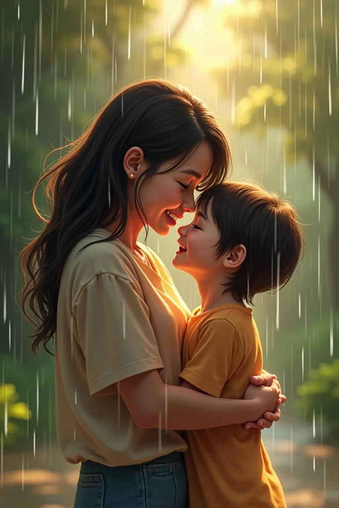 Carefree boy playing in park,The beautiful mother looks at the child tenderly in the back。
