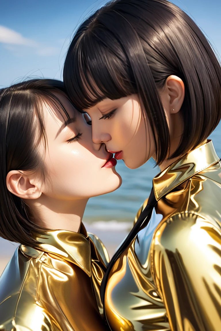  Mom and daughter , in extremely tight shiny golden latex blouse buttoned,  high resolution ,  masterpiece,  black hair, Lens reflection, Reflected light, portrait, Necktie, bob cut, kiss, are on the beach 