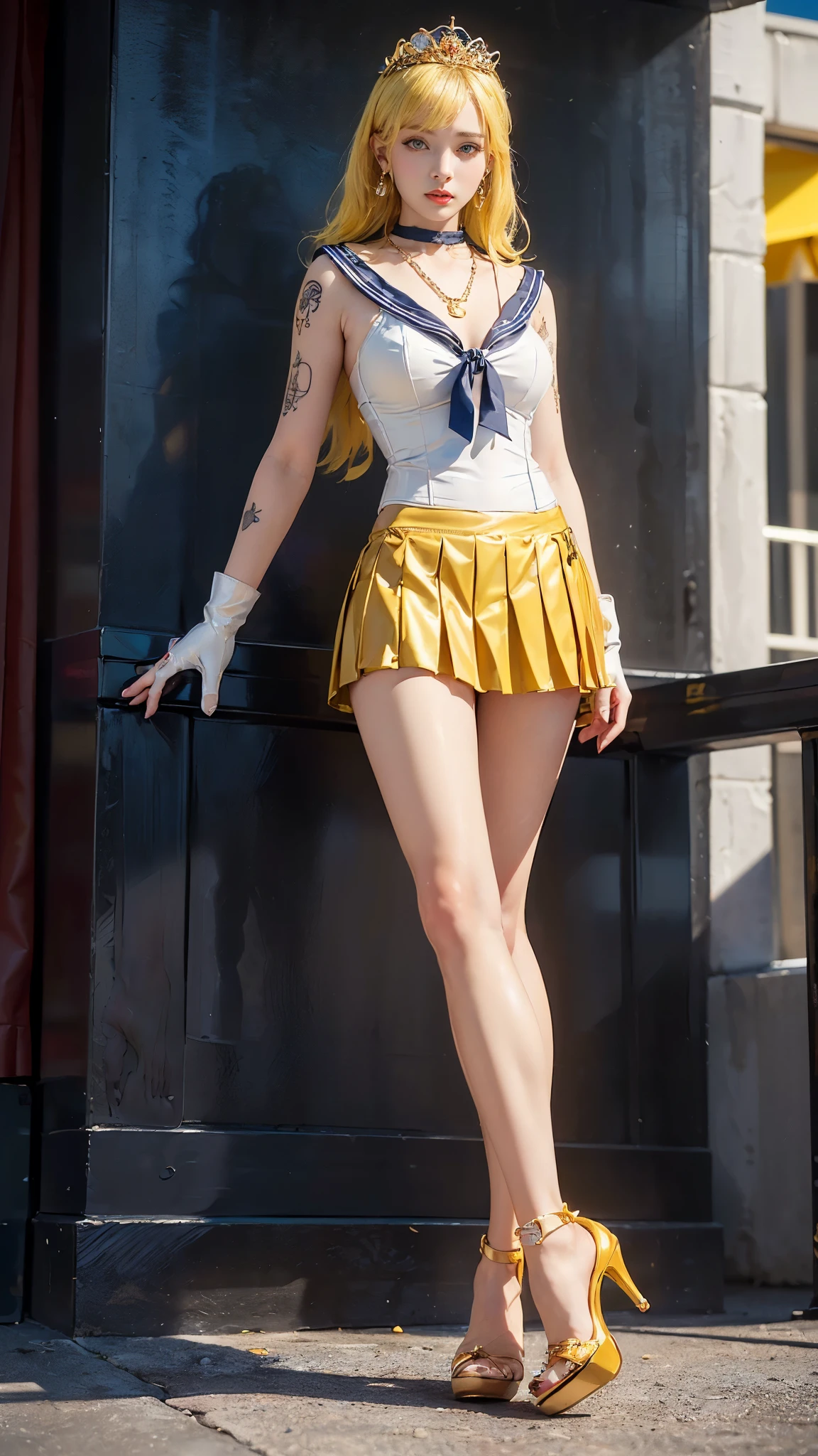 (CG Unity 8K wallpaper with extreme detail, masterpiece, highest quality), (exquisite lighting and shadow, highly dramatic picture, cinematic lens effect), (Sailor Moon: 1.1), charming smile, double tail, vibrant blue eyes, looking at the viewer with blond hair, white tight-fitting top, white gloves, mini skirt, dynamic pose), the background is the universe (excellent detail, excellent lighting, wide angle), (excellent rendering, enough to stand out in its class),