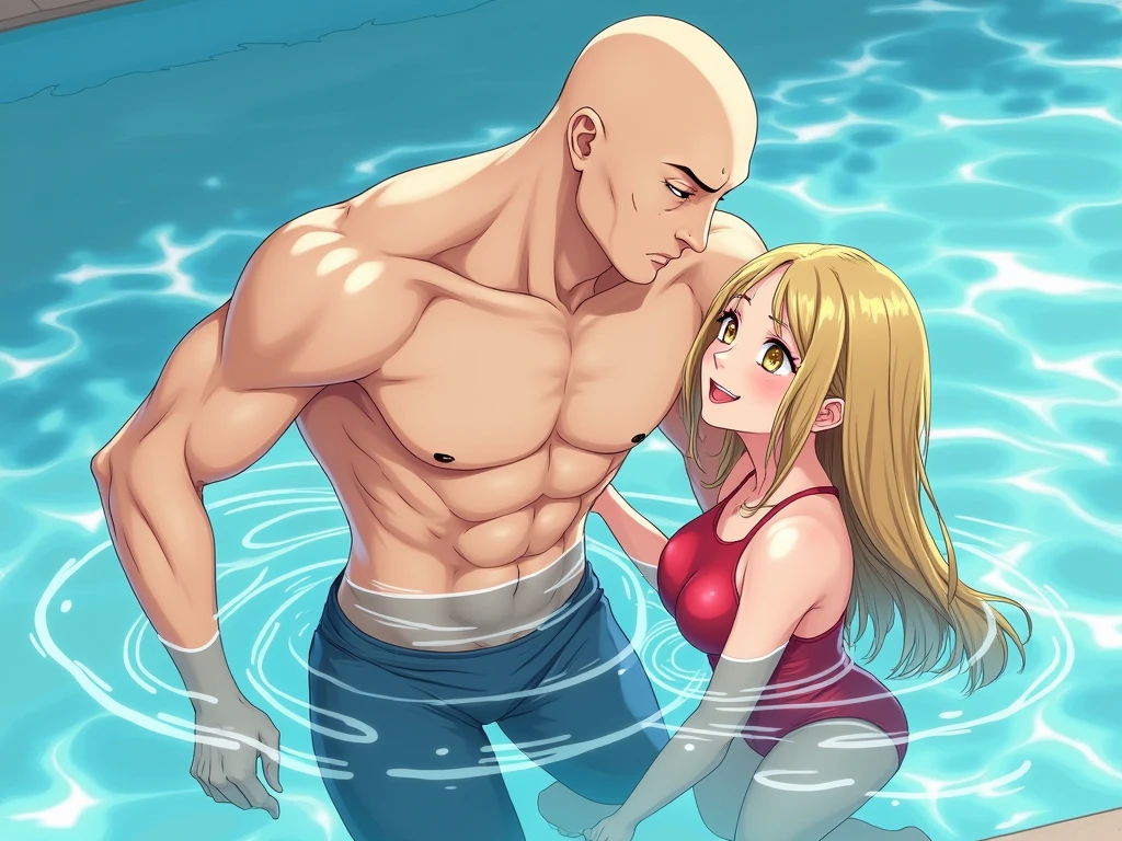 masterpiece, best quality, 1girl，dqBianca, single braid, nude，large breasts，smile，looking at viewer，hot spring，hot spring，rock bath，in water，Bus form，still in the water，take a bath、Full body bath，soaking up to the shoulders，2man，Picking up girls，ossan，ugly man，fat man，age difference，