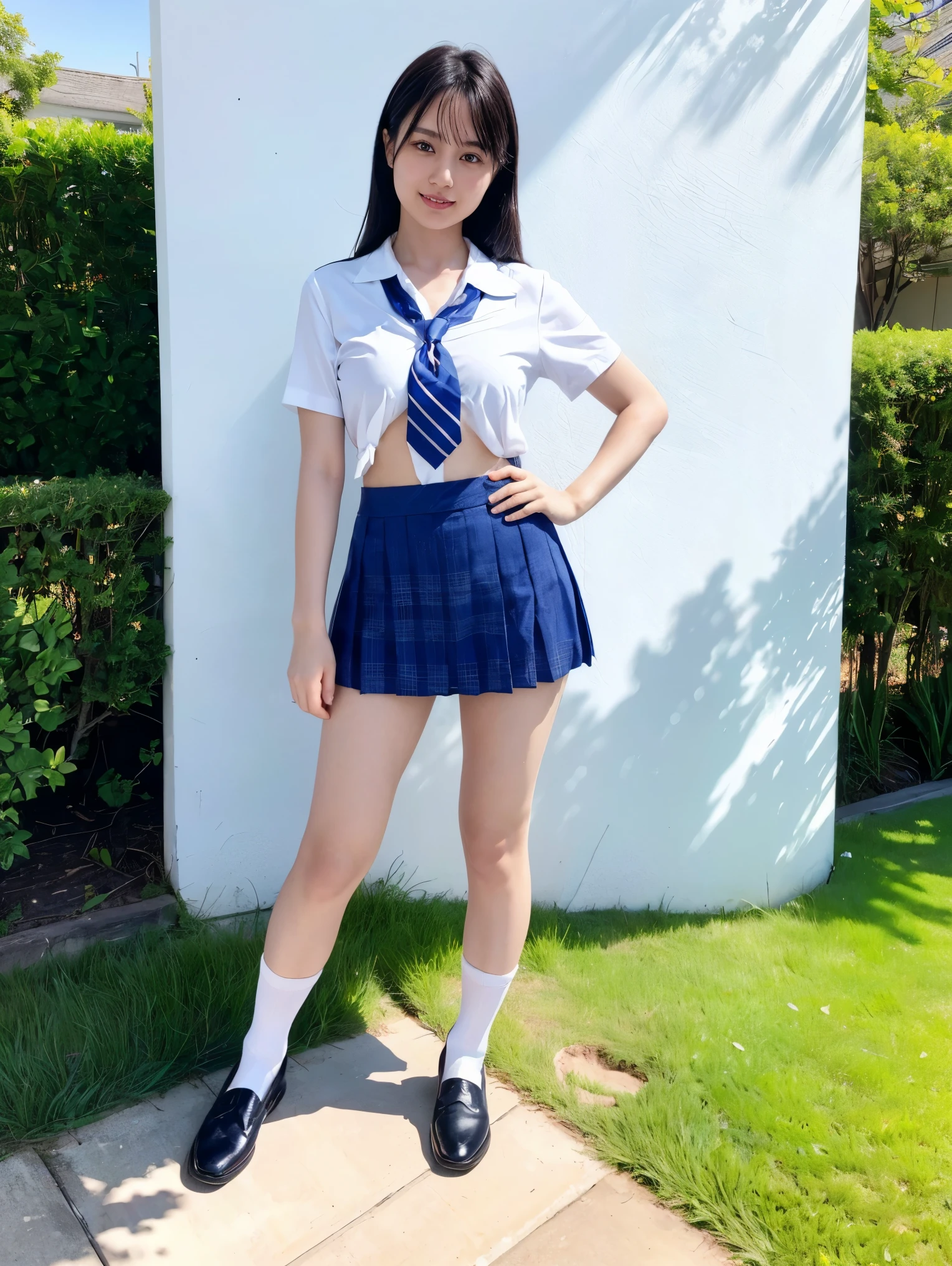 女の子1 person、(8k、 RAW photos 、 best quality、 Max Image、 greatest masterpiece:1.2)、( real、 real)、1 person、( medium hair with dark brown hair)、(((Y shirt with white collar 、 ties、Breast enlargement、 Blue Check Mini Short Skirt)))、 Shiny Skin 、Thin legs、(Loose fitting socks、 wearing loose socks:1,2)、 loafers in white、 Front View 、School grounds、( stand with hands on hips, standing:1,2))、 cute、 show me full body 、 facing the front, watching viewers、 cute、Show me your whole body、Midsummer、Sun Sun 、 shining sunlight 、日本の high school girls、 high school girls、