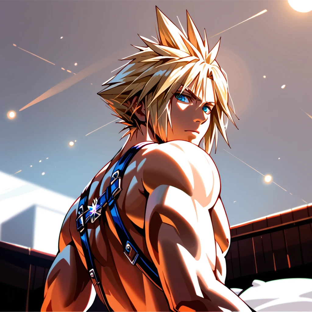 (1 boy),Cloud Strife,Final Fantasy 7,(handsome),symmetry detailed face and eyes,nude,topless,chest harness,sitting on a bed with his back to the camera,looking back,low angle,hip focus,dark bed room,(cinematic shadow),ambient lighting,nsfw,bdsm,portrait,(best quality,8k,detailed:1.5,masterpiece:1.5)