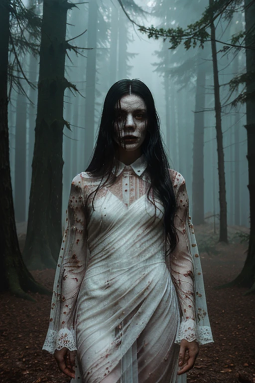 a spooky ghost of a woman in a haunted forest, dethereal, misty, glowing, flowing white dress, long black hair, very white veiny skin, extremely detailed face, dark eyes, surrounded by wispy fog, night