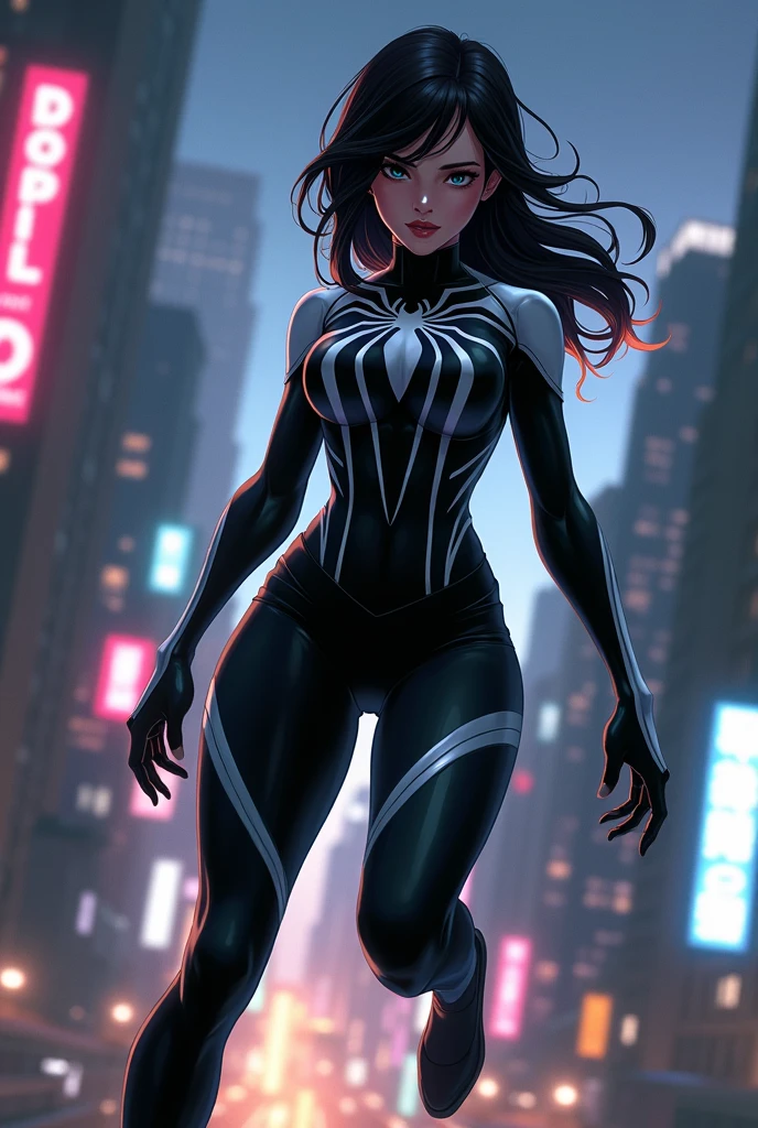 4K,realistically,charming,very detailed,There a girl in Dingcheng,She Spider-Gwen, Gwen Venom symbiont Costume, organic outfit, Sweat, Wearing black Spider-Man costume,(black and white:1.4) night,symbiont,poison,lots of mucus,she spiderman,Black superhero theme,in front of the sky,Flushed face,( , camel toe,, vulva shape:1.3),(GGcamel toe:1.3)legs apart,25 years old,full body lesbian