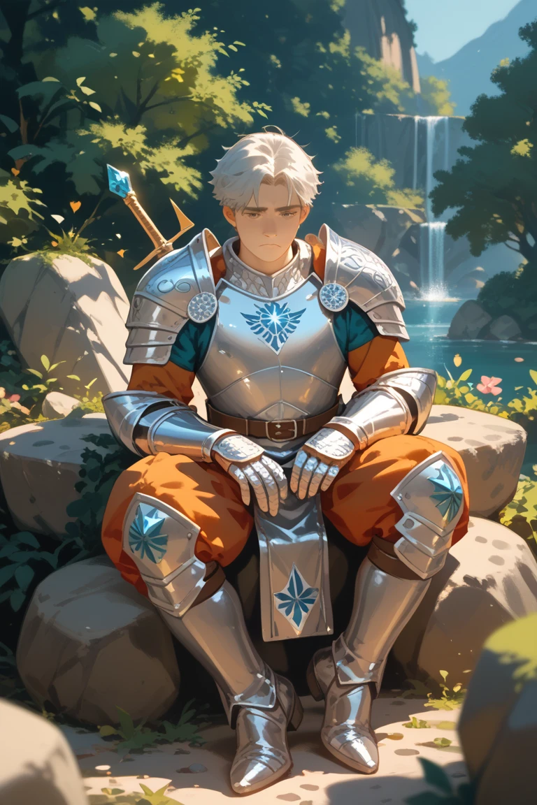 Man with Heaven armor, sitting on big stone, Sad face, Isekai Background