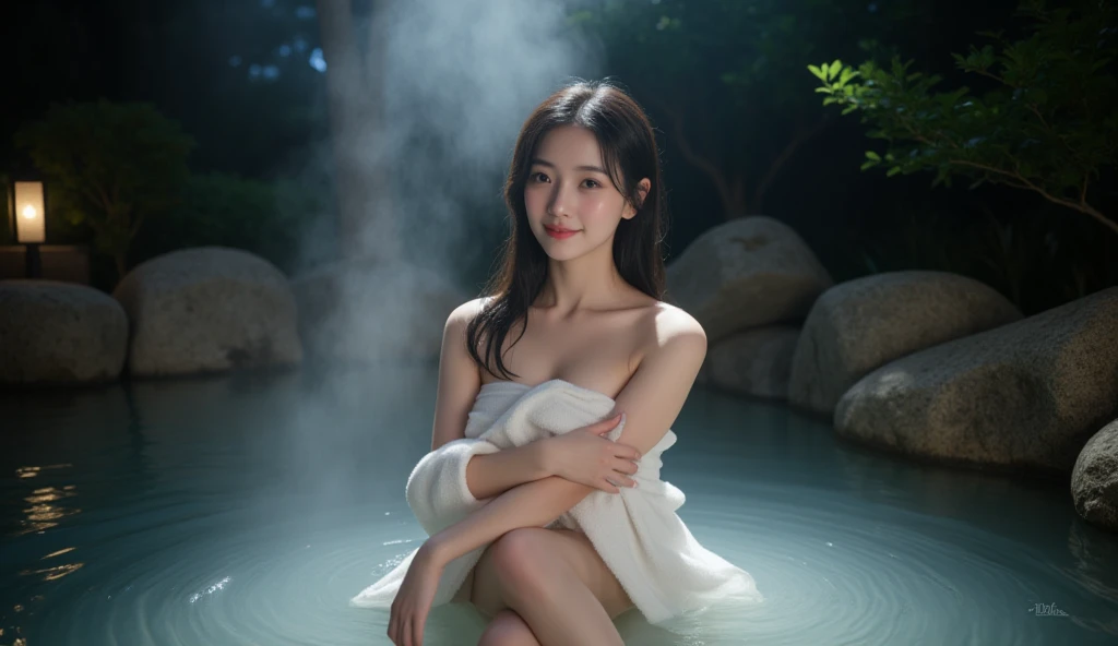 (night:1.8), oriental architecture, 1 woman, ((hot spring, onsen:1.4)), moist skin, ((fog:2.0)), (steam rising:1.8), glowing skin, glossy skin, ((partially submerged in hot spring:1.4)), Holding a wet white towel close to the body, but some cleavage is visible. ((Wet towel:1.3) , perfect eyes,perfect face,（smile：0.4），official artwork，Very detailed CG Unity 8k wallpaper、bright_front_face_lighting，（tmasterpiece:1.0），(best_quality :1.0),ultra high resolution,4k,detailed detail,high resolution of,8k,nffsw,high resolution,absurderes:1.2,kodak portra 400,film grain,lens flare glow,（beautiful_face:1.4），8k,raw footage,(outdoor bath drawn wider:1.4) ,(wet hair:1.3),((beautifully depicts depth and width:1.3)),((The outdoor bath is surrounded by a Japanese garden and large rocks, with only two small lights.:1.3)), ((smooth white skin: 1.3)),