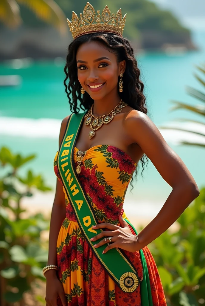 In a realistic oil painting style, develop a stunning illustration that celebrates the beauty and elegance of a contemporary Miss Brazil. Picture her in a vibrant setting that highlights Brazil's cultural diversity and natural exuberance. Miss Brasil deve ser afro-brasileira, use a headband with instructions "Miss Brasil 2000", radiates confidence and grace, reflecting the country's rich cultural heritage and modernity.