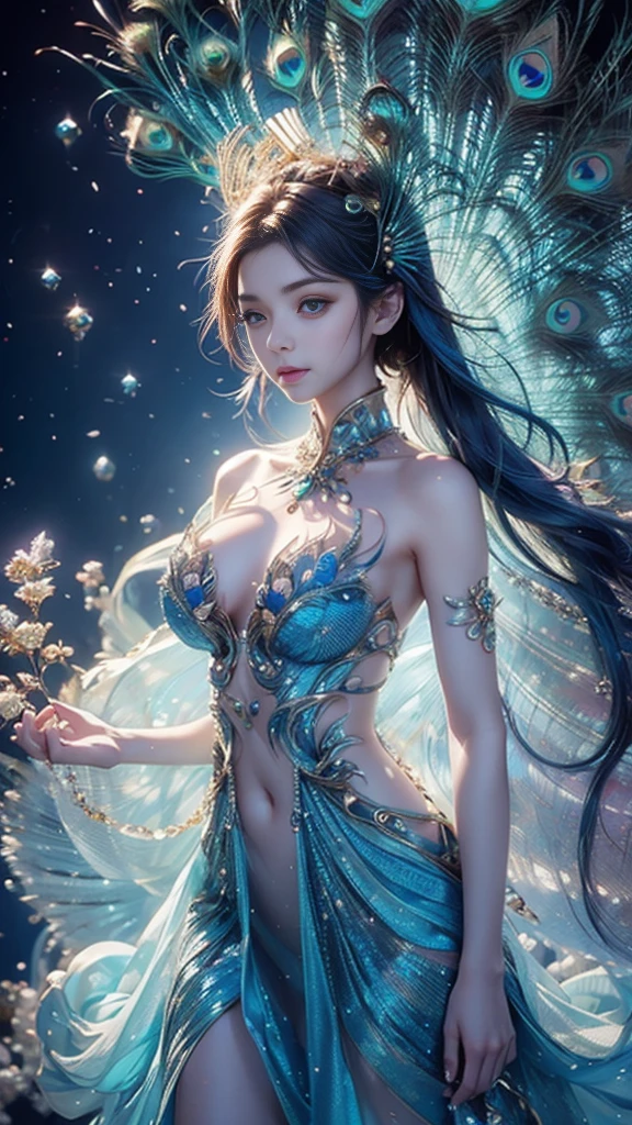 4K, UHD, masterpiece, 1 girl, good face, detailed eyes, very long hair, small breasts, ((peacock dress)), ((blue dress)), bare waist, navel, ((peacock wings)), ((ornaments)), butterfly, unreal creative art, ultra detailed, details, ultimate details, amazing magnificence, in the beautiful dargen, birds, Pedaipan style, glowing light, bloom, ray tracing, cinematic pose, ((upper body))