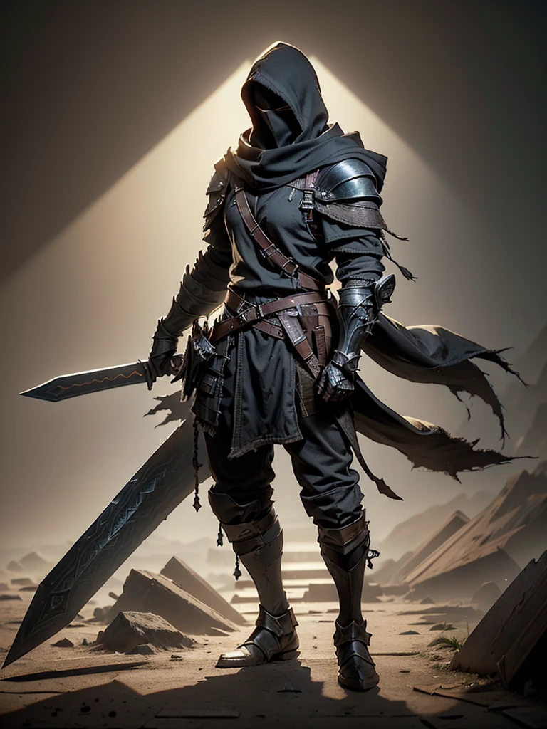 historically accurate looter/bandit for (concept art: 1.4), (blank background: 1.7). The figure wears dark, rugged attire with weathered fabrics, including a (hood that obscures most of the face: 1.1). Add unique details like worn belts, pouches, or improvised chainmail armor to convey resourcefulness. Medieval Europe, uses short sword. (Full body: 1.2)