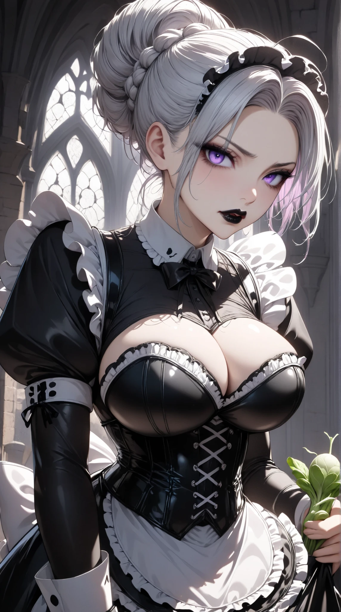 
 Young Beautiful Woman,( best quality, very detailed depiction, Incredibly Absurd Hi-Res),(Black and white gothic maid outfit,Maid Skirt, Corset , black tights,Black boots),( Silver Hair, hair up to the shoulders,Purple Eyes, Half Closed :1.3, grumpy expression:1.3,Black lips:1.5,Heavy makeup, big breasts, shiny skin), full body image :1.3, side view:1.5,profile:1.5,background:Castle, Bright Atmosphere ,Holding a white radish with both hands:1.3, dramatic lighting ,