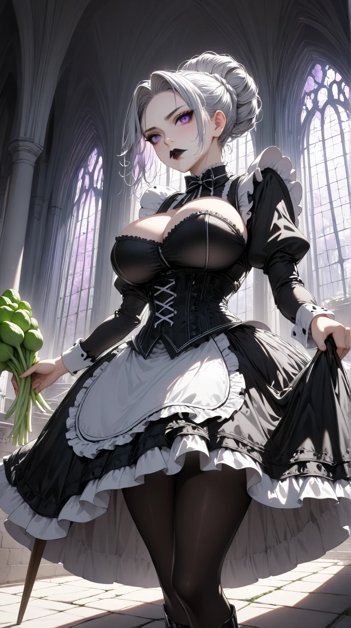 
 Young Beautiful Woman,( best quality, very detailed depiction, Incredibly Absurd Hi-Res),(Black and white gothic maid outfit,Maid Skirt, Corset , black tights,Black boots),( Silver Hair, hair up to the shoulders,Purple Eyes, Half Closed :1.3, grumpy expression:1.3,Black lips:1.5,Heavy makeup, big breasts, shiny skin), full body image :1.3, side view:1.5,profile:1.5,background:Castle, Bright Atmosphere ,Holding a white radish with both hands:1.3, dramatic lighting ,