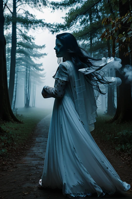 a spooky ghost of a woman in a haunted forest, dethereal, misty, glowing, flowing white dress, long black hair, very white veiny skin, black eyes, surrounded by wispy fog, night