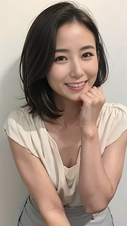 One Japan, petite physique, Ephemeral atmosphere, 50-year-old girl, Mature, with nasolabial fold, There are wrinkles at the corners of the eyes, Brown short bob hair, Smiling, Blue underwear on top and bottom, natural length arms, Photorealsitic, masutepiece, Best Quality, Detailed skin, Detailed eyes, ,8K, Good anatomy, Upper body portrait