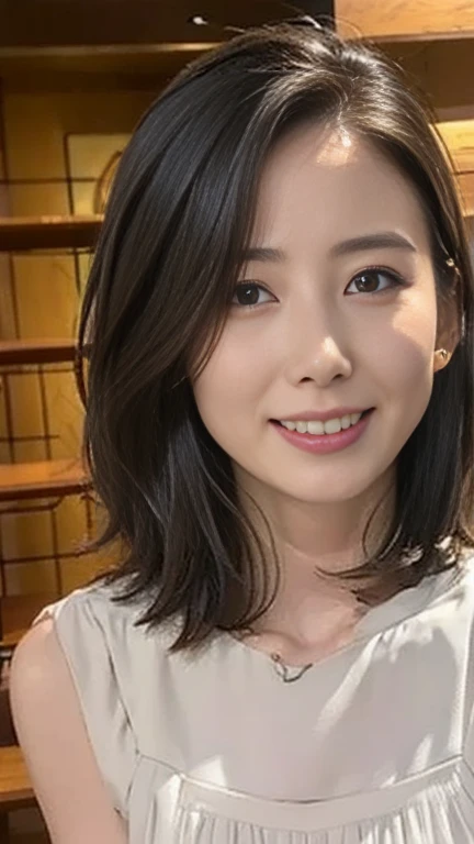 8K、highest quality、Clear Beauty、hoodie、smile、Beautiful teeth alignment、(Gums are visible)Black Hair、Ear piercing、Upper body、The background is a staircase