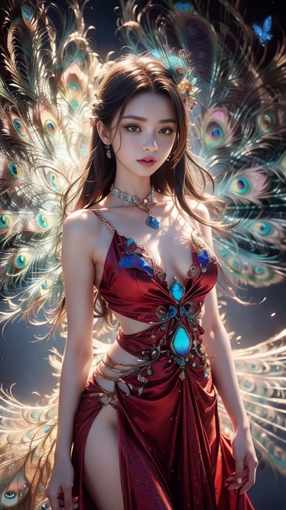 4K, UHD, masterpiece, 1 girl, ((good face)), detailed eyes, very long hair, small breasts, ((peacock dress)), ((red dress)), ((strap dress)), bare waist, navel, ((peacock wings)), ((ornaments)), butterfly, unreal creative art, ultra detailed, details, ultimate details, amazing magnificence, in the beautiful dargen, birds, Pedaipan style, glowing light, bloom, ray tracing, cinematic pose, ((upper body))