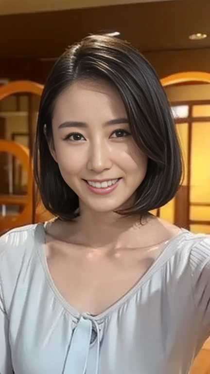 One Japan, petite physique, Ephemeral atmosphere, 50-year-old girl, Mature, with nasolabial fold, There are wrinkles at the corners of the eyes, Brown short bob hair, Smiling, Blue underwear on top and bottom, natural length arms, Photorealsitic, masutepiece, Best Quality, Detailed skin, Detailed eyes, ,8K, Good anatomy, Upper body portrait