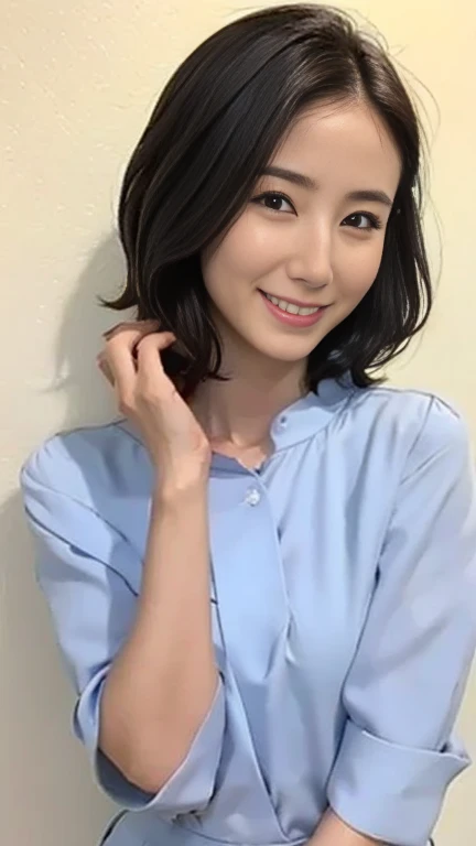 One Japan, petite physique, Ephemeral atmosphere, 50-year-old girl, Mature, with nasolabial fold, There are wrinkles at the corners of the eyes, Brown short bob hair, Smiling, Blue underwear on top and bottom, natural length arms, Photorealsitic, masutepiece, Best Quality, Detailed skin, Detailed eyes, ,8K, Good anatomy, Upper body portrait