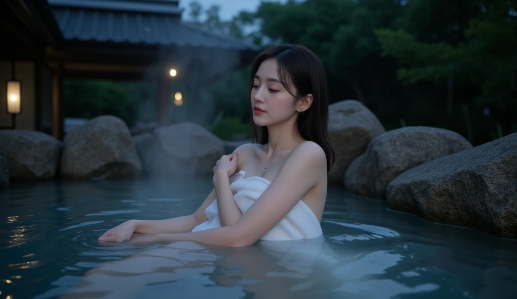 (night:1.8), oriental architecture, 1 woman, ((hot spring, onsen:1.4)), moist skin, ((fog:1.9)), (steam rising:1.8), glowing skin, glossy skin, ((partially submerged in hot spring:1.4)), Holding a wet white towel close to the body, but some cleavage is visible. ((Wet towel:1.3) , perfect eyes,perfect face,（smile：0.5），official artwork，Very detailed CG Unity 8k wallpaper、bright_front_face_lighting，（tmasterpiece:1.0），(best_quality :1.0),ultra high resolution,4k,detailed detail,high resolution of,8k,nffsw,high resolution,absurderes:1.2,kodak portra 400,film grain,lens flare glow,（beautiful_face:1.4），8k,raw footage,(outdoor bath drawn wider:1.4) ,(wet hair:1.3),((beautifully depicts depth and width:1.3)),((The outdoor bath is surrounded by a Japanese garden and large rocks, with only two small lights.:1.3)), ((smooth white skin: 1.3)),